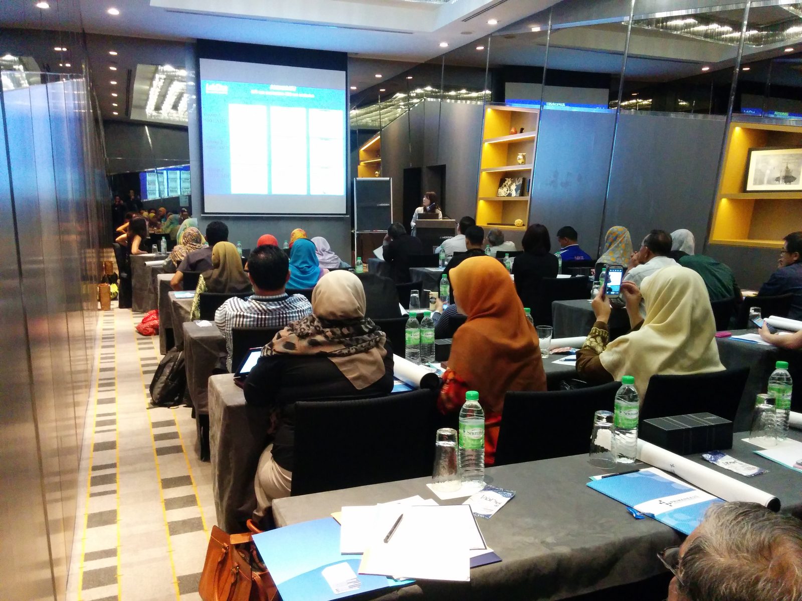 Participants seated at long tables in a hotel meeting room, watching a presentation on a large screen
