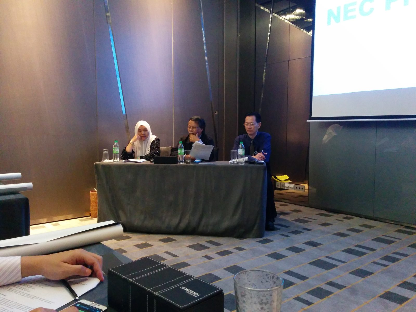 Three people seated at a head table at the front of a meeting room, with a projection screen to one side