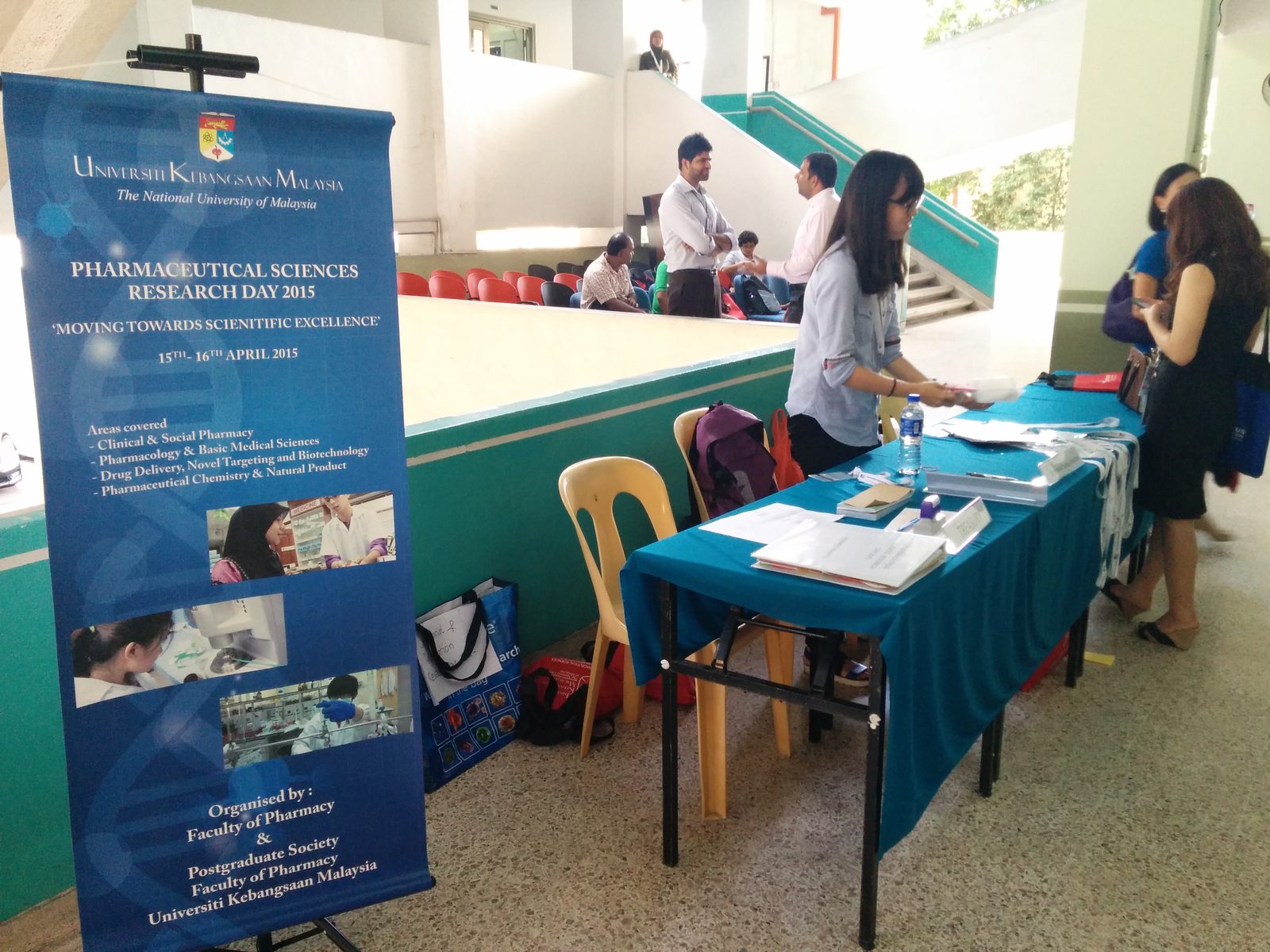 Pharmaceutical Sciences Research Day 2015 pull-up banner standing beside the registration table