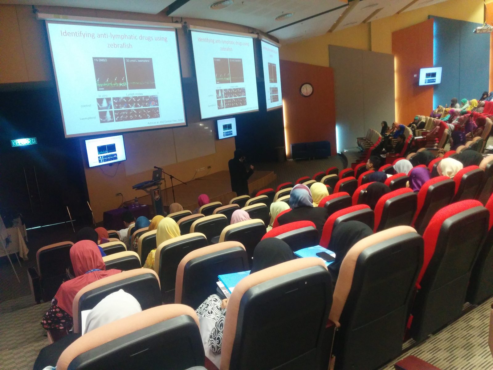 Audience in the auditorium watching a talk, with slides on identifying anti-lymphatic drugs using zebrafish.