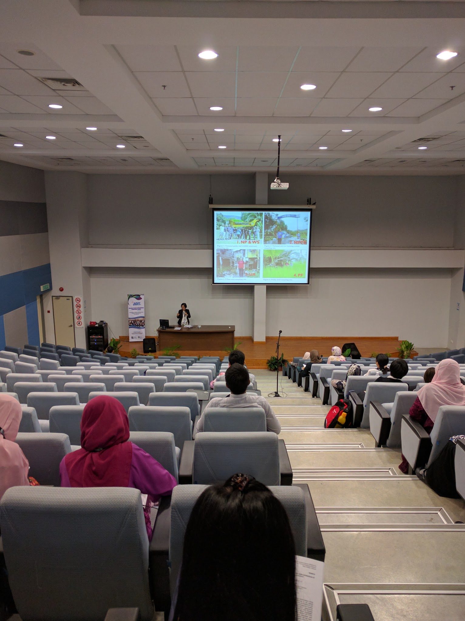 Lecture hall with delegates seated while a presenter speaks from the stage below a projected slide