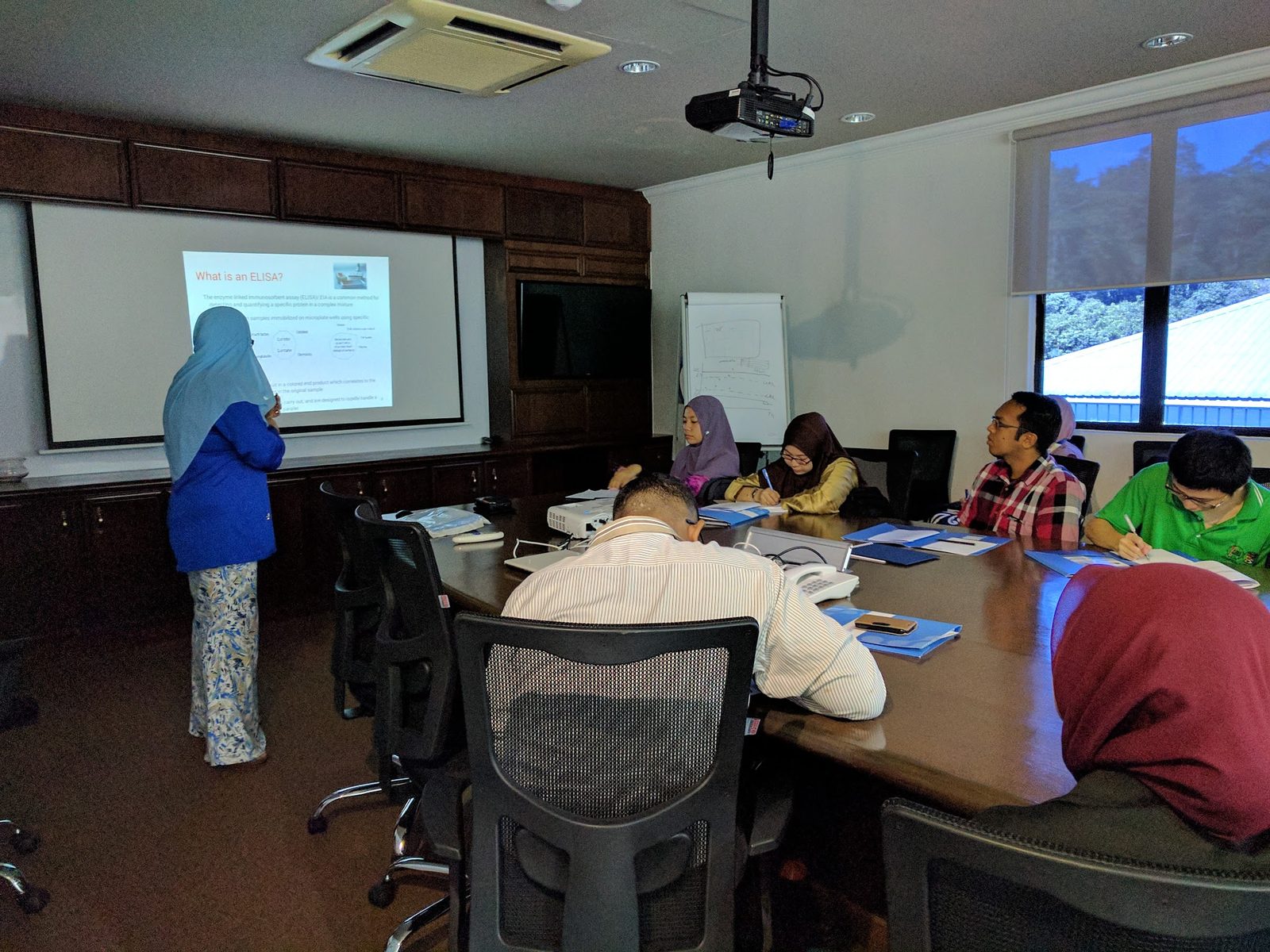 A trainer stands by a slide headed What is an ELISA? while participants sit around a long meeting table