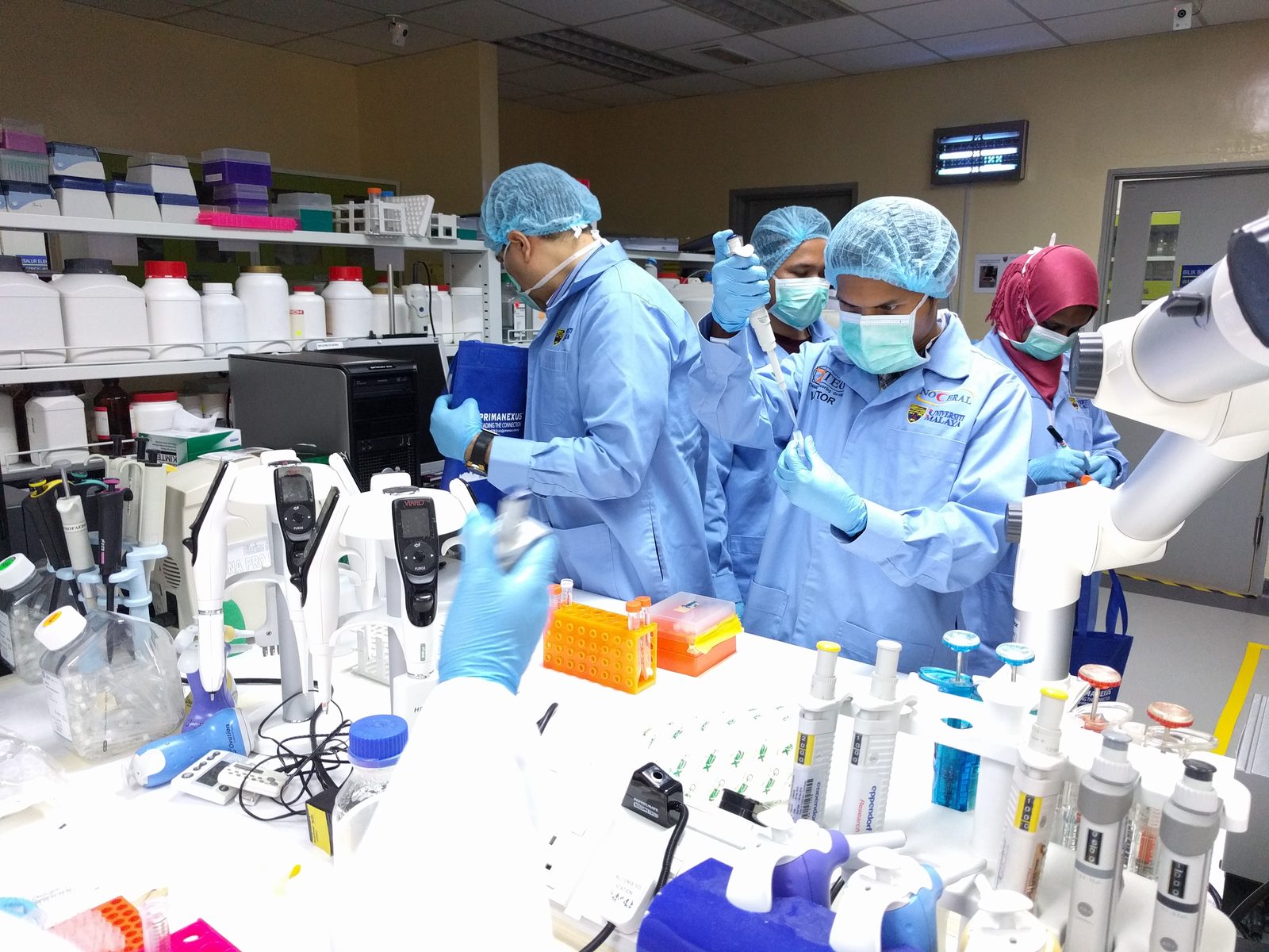 Participants in blue lab coats use pipettes at a laboratory bench
