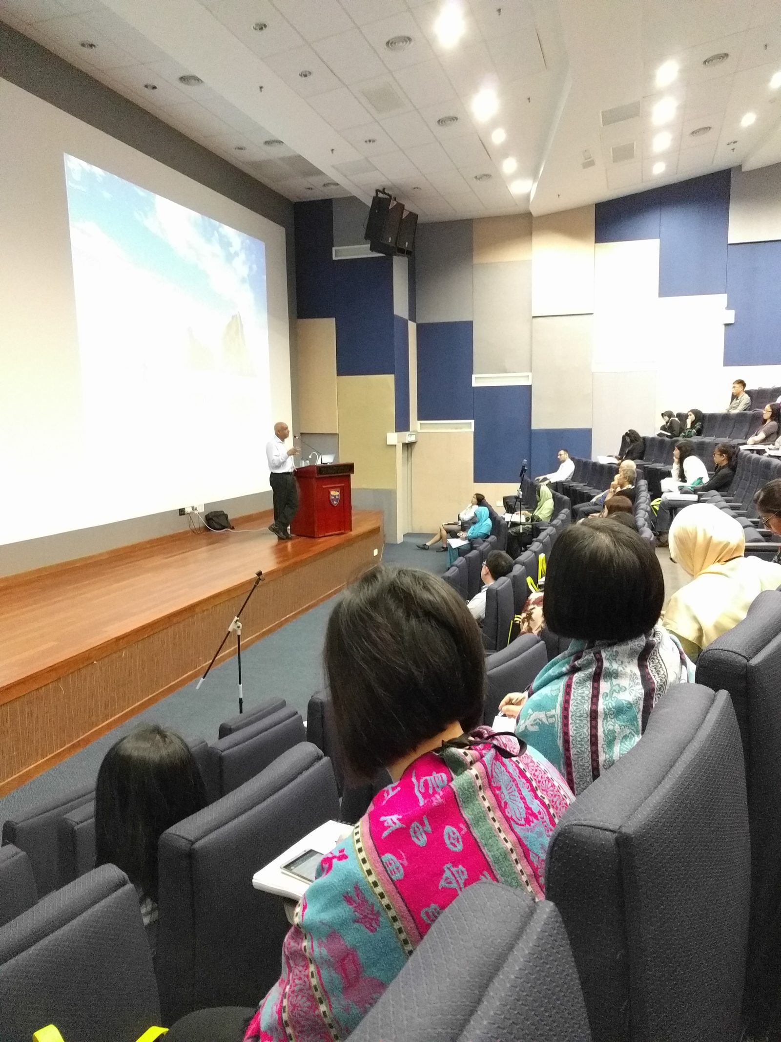 View from the audience of a lecturer at the podium beside a large projection screen