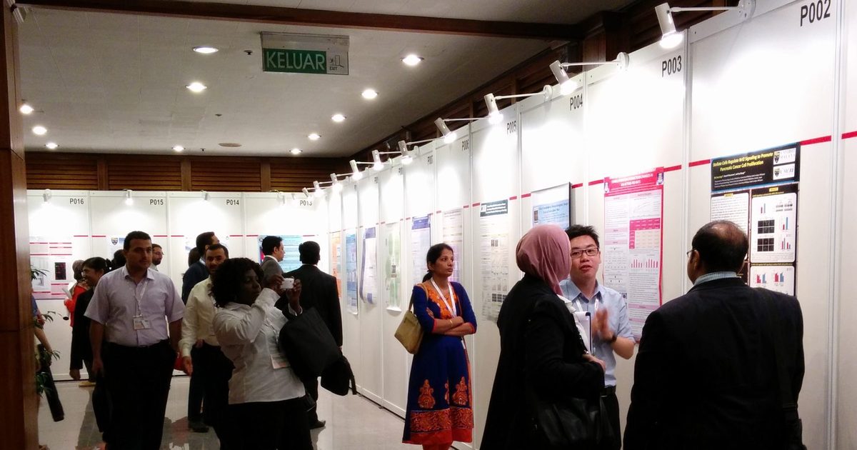 A researcher explains his poster to two delegates in the poster area, as other delegates walk past the boards