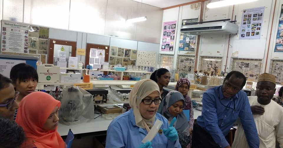 A demonstrator in a blue lab coat and gloves holds up an assay item and explains it to participants at a lab bench.