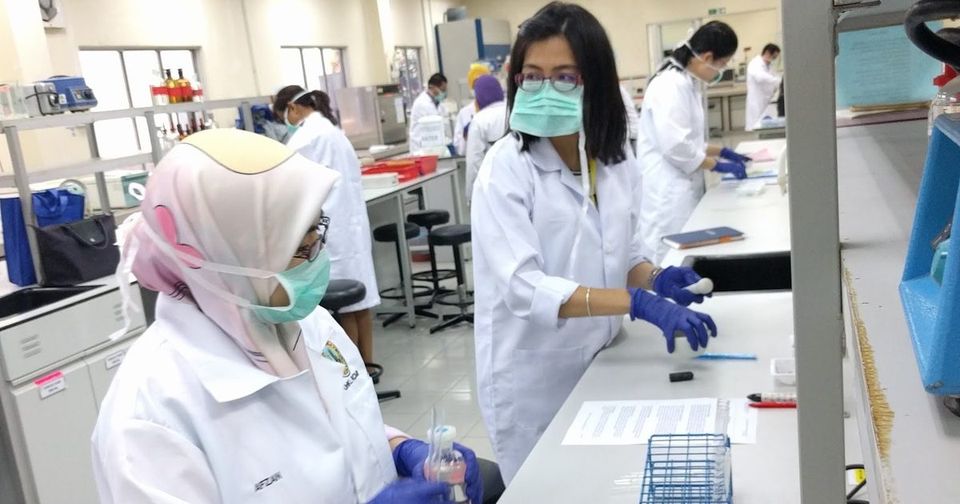 Two participants in lab coats, gloves and masks at work at a laboratory bench