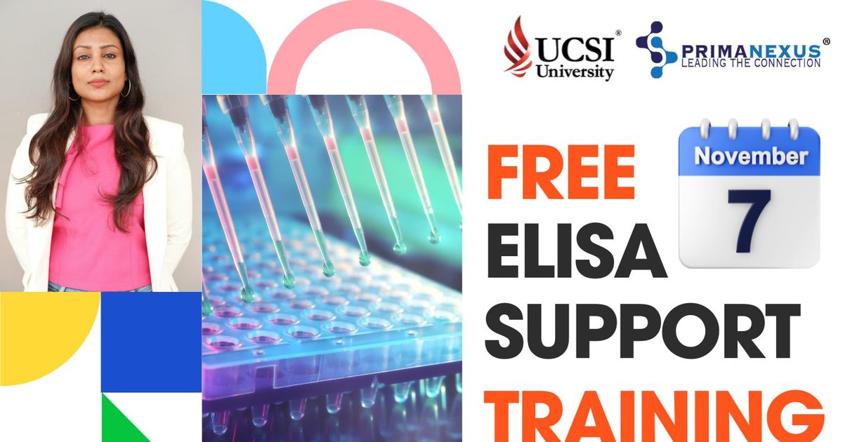 Poster for the free ELISA support training at UCSI University, with the UCSI and Prima Nexus logos and a portrait of the facilitator