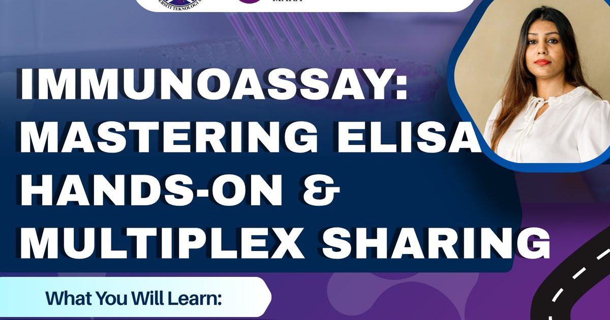 Poster for the workshop Immunoassay: Mastering ELISA Hands-On and Multiplex Sharing at IMMB, UiTM Sungai Buloh, on 28 July 2026