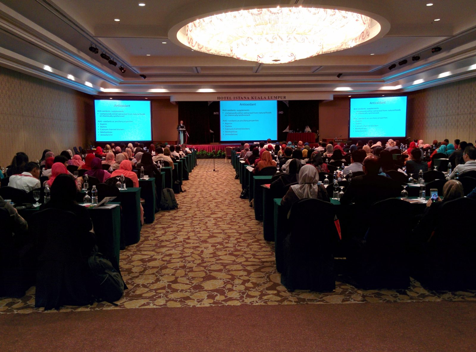 Full conference hall with delegates at long tables facing a speaker and three screens showing a slide on antioxidants