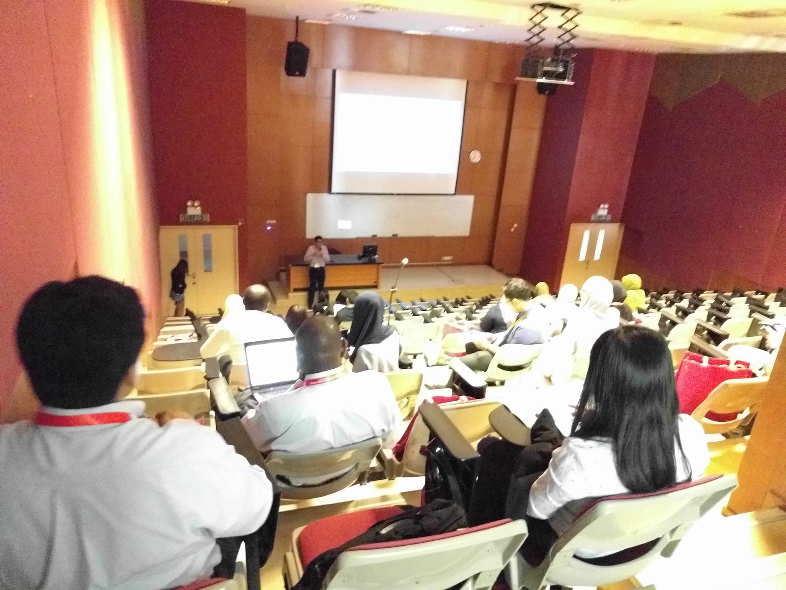 A presenter at the front of a lecture hall, with delegates seated in rows and a projection screen
