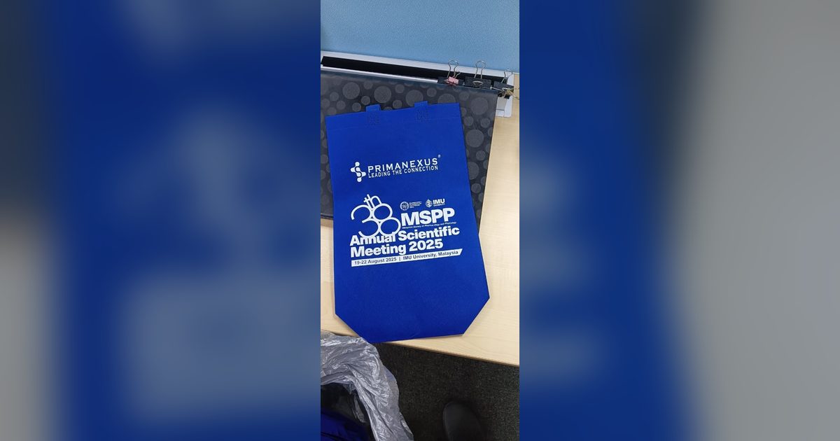 Blue conference bag printed with the Prima Nexus logo and the 38th MSPP Annual Scientific Meeting 2025 artwork