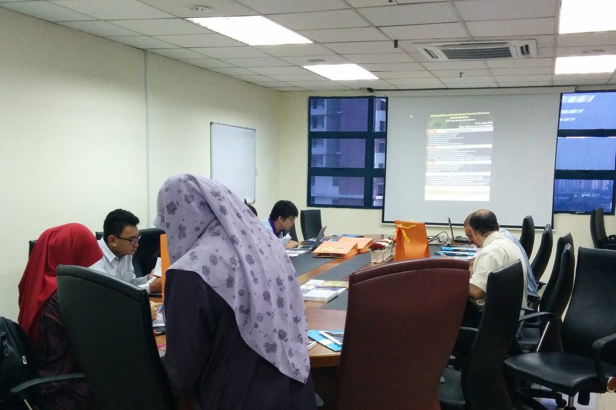 Participants take their seats at a long meeting table, with the workshop programme on the screen