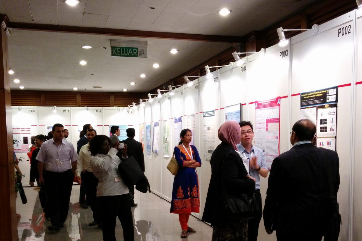 A researcher explains his poster to two delegates in the poster area, as other delegates walk past the boards