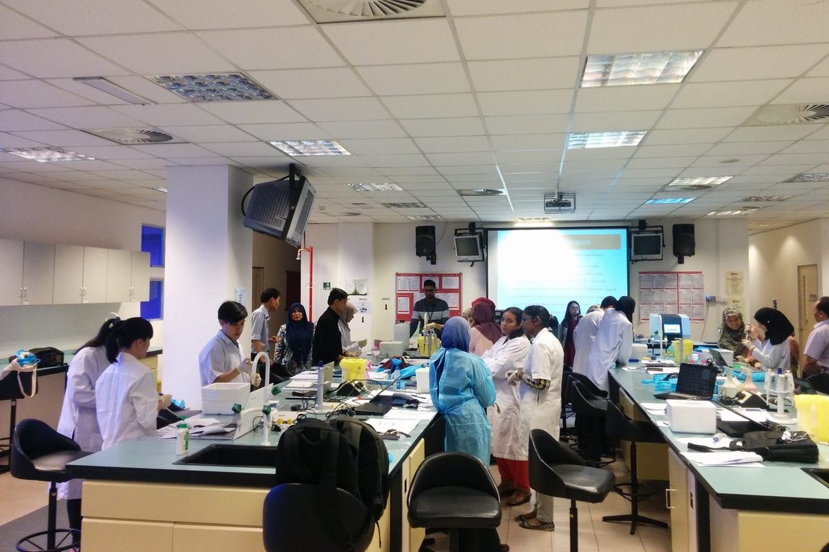 Participants in lab coats working at benches across a large teaching laboratory