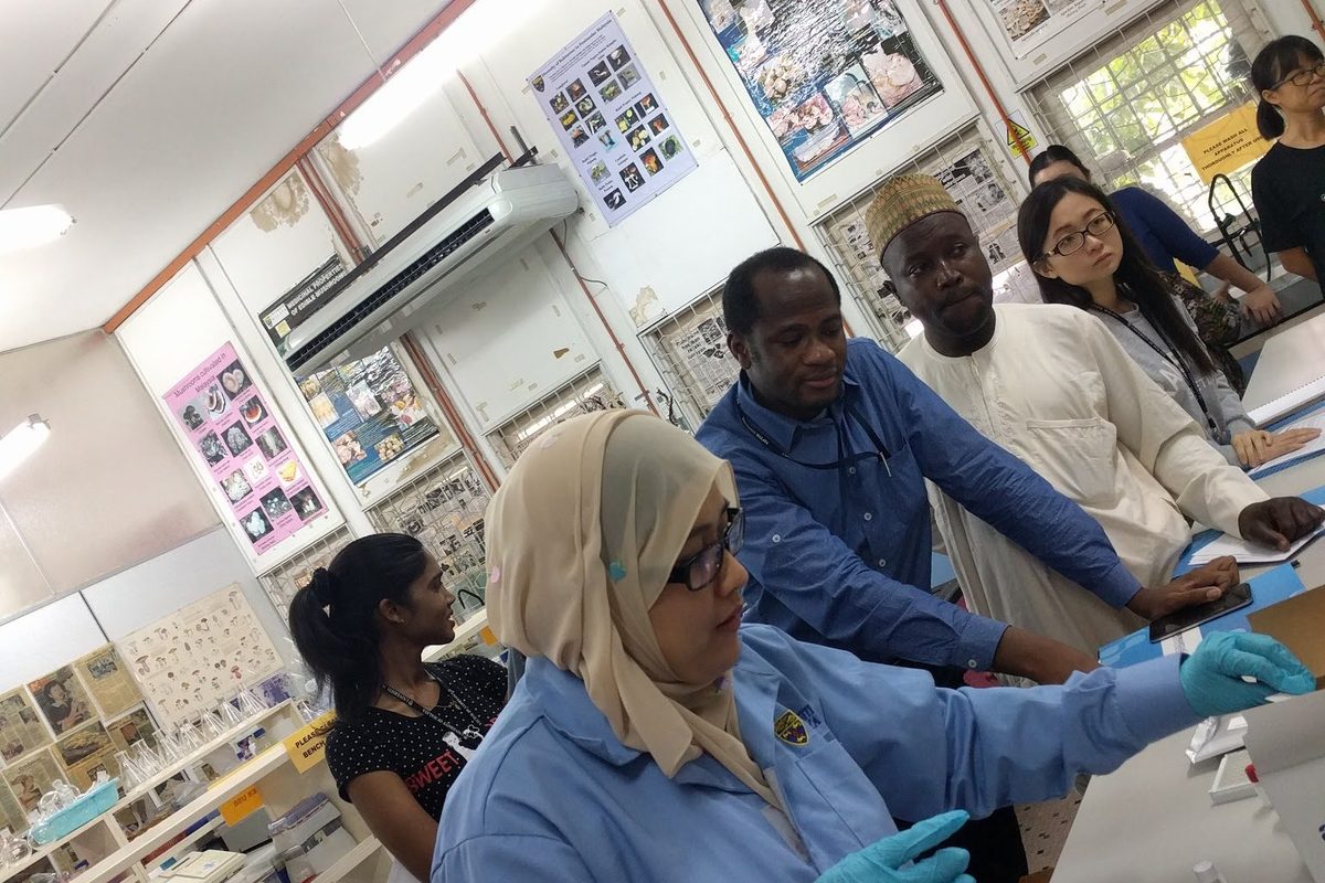A demonstrator in a lab coat and gloves works at the bench while a participant leans in to watch.