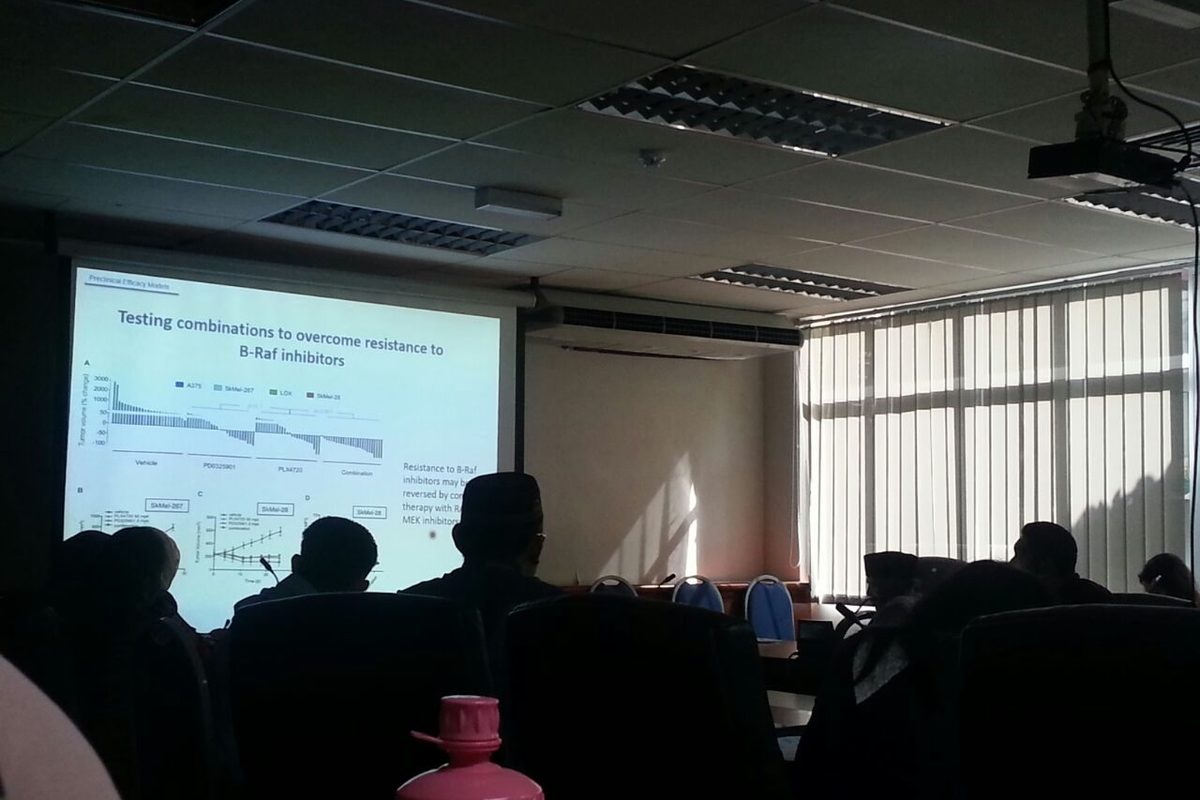 Participants in a dimmed room watching a slide on drug combinations to overcome resistance to B-Raf inhibitors