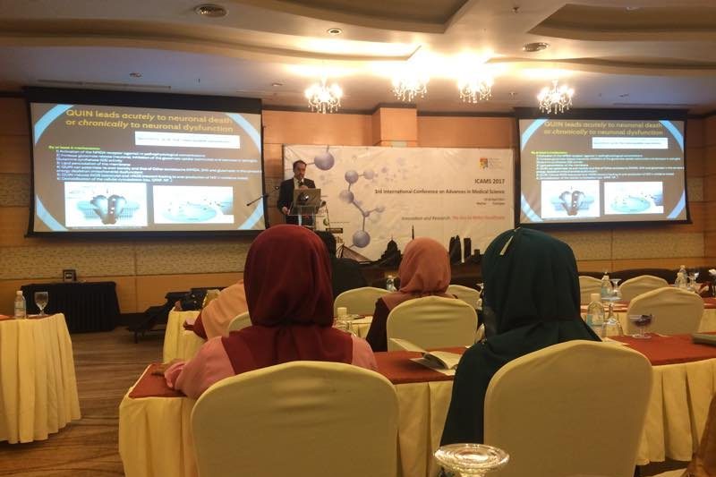 A speaker at the lectern presents research slides to delegates in the ICAMS 2017 conference hall