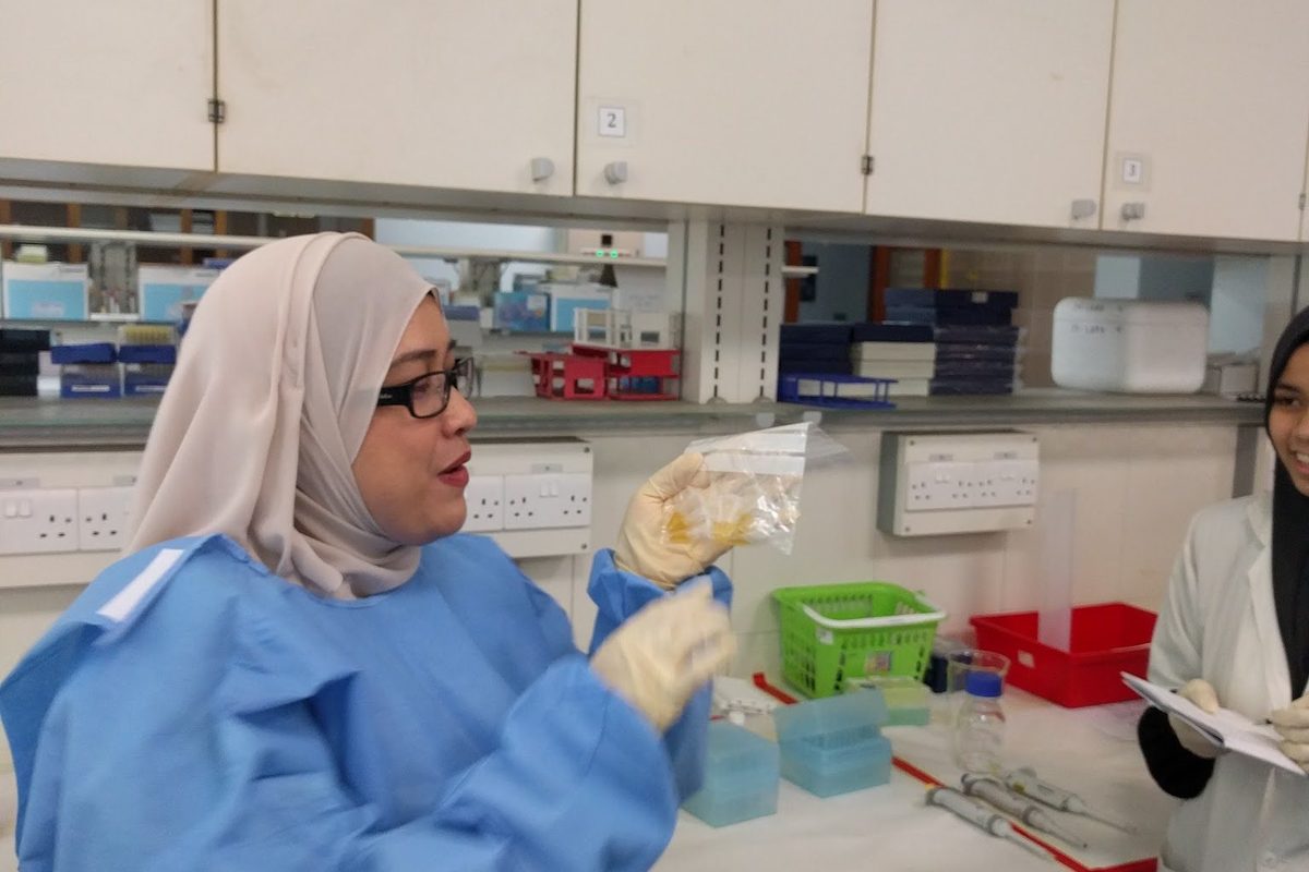 A trainer in a blue gown explains a step at the laboratory bench