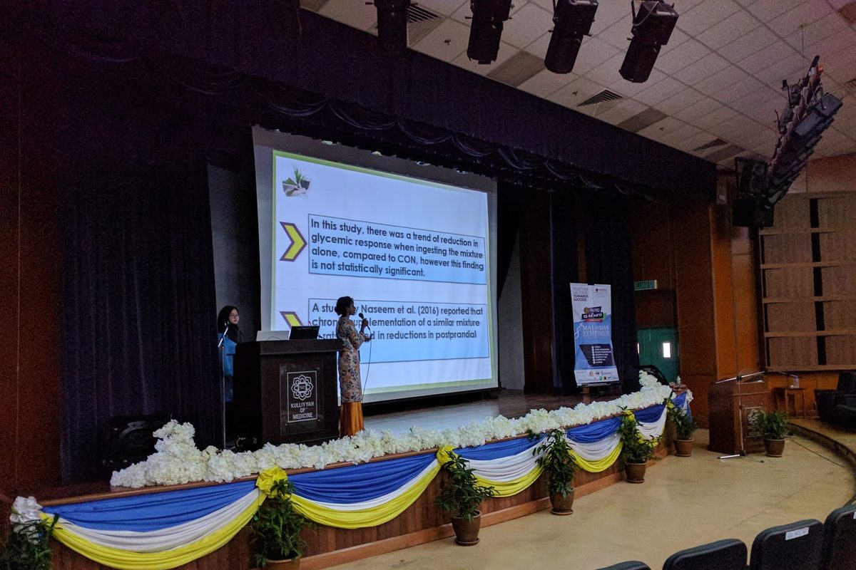 A presenter at the lectern on the hall stage, with slides on the screen behind.