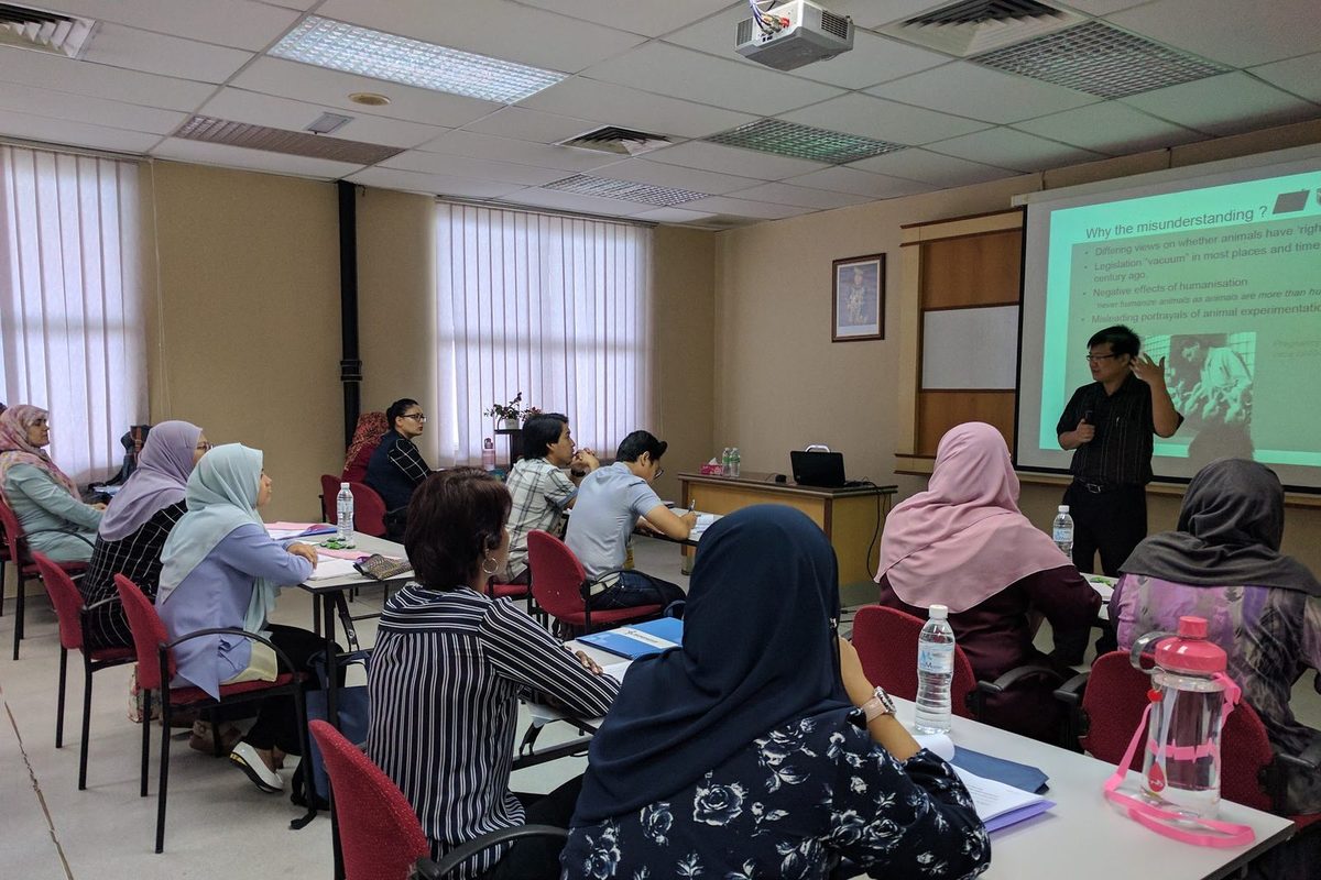 A speaker presents slides to participants seated at tables in the workshop room