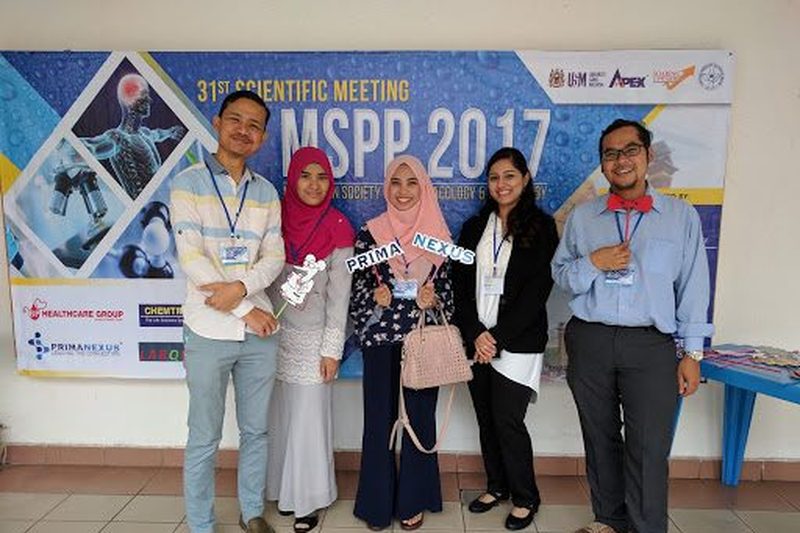 Five delegates in front of the MSPP 2017 banner, one holding a Prima Nexus sign; supporters' logos at bottom left.