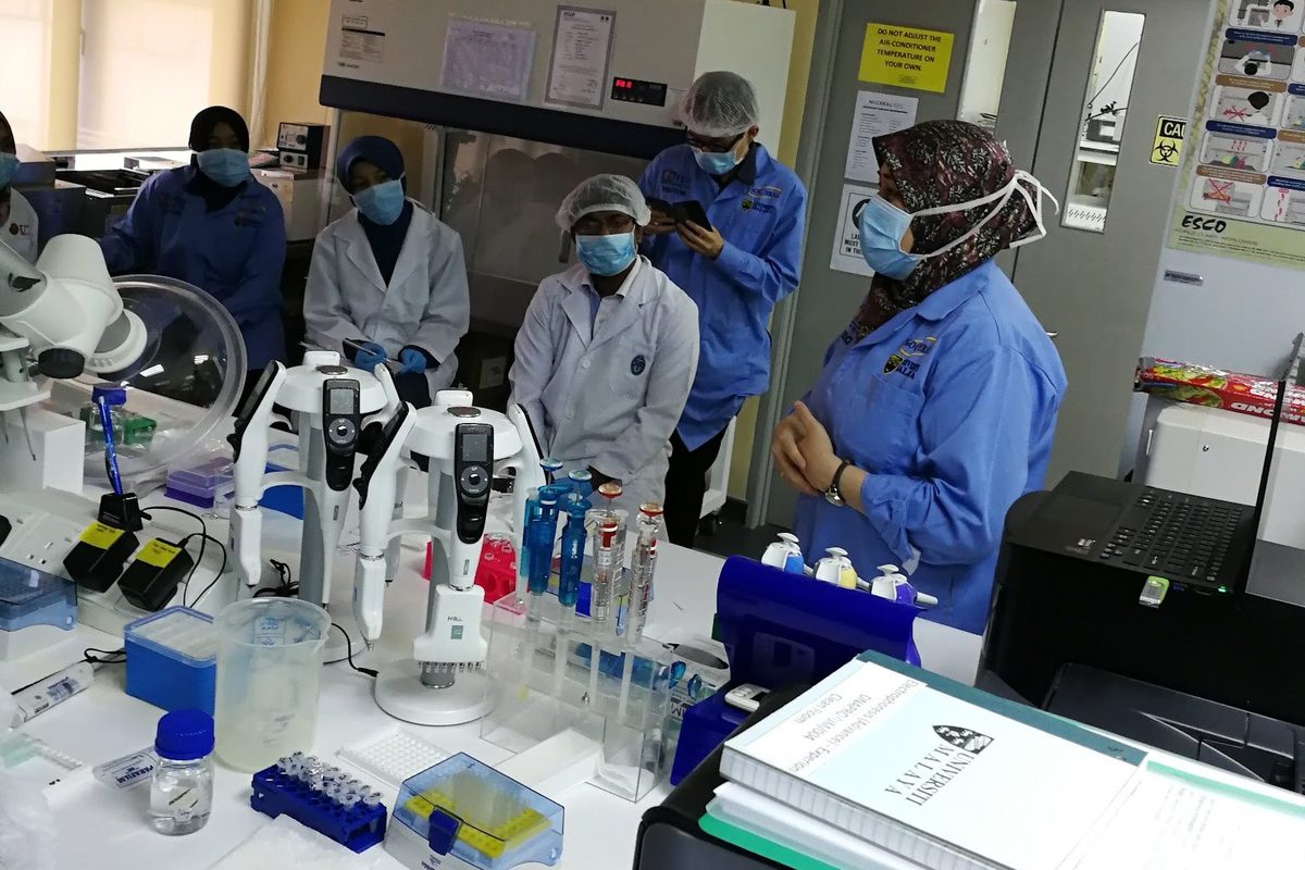 Participants gathered around a laboratory bench
