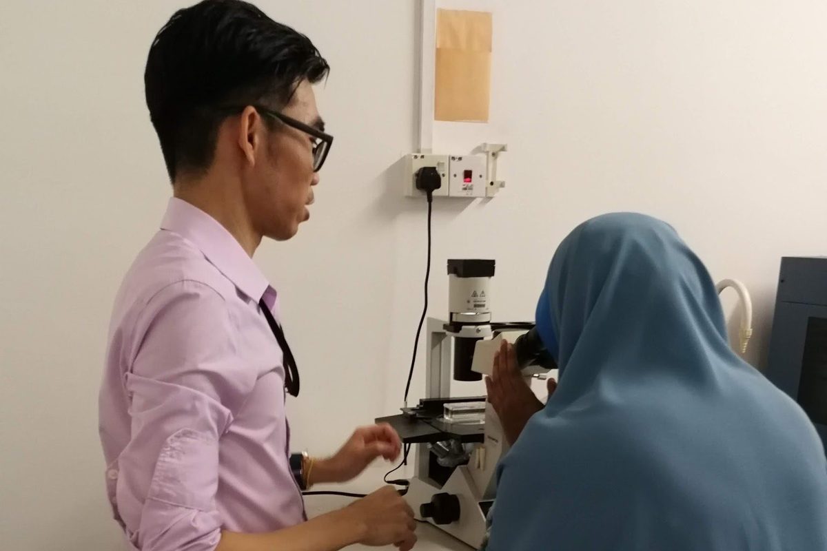 A trainer guides a participant at the microscope