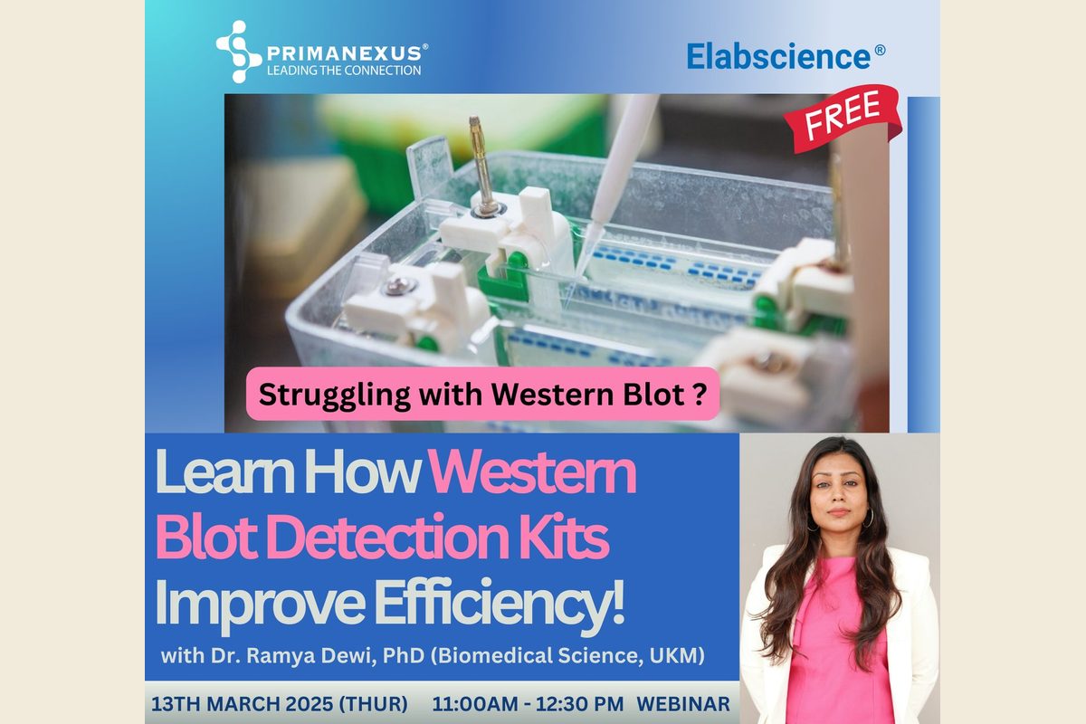 Poster for the free webinar Learn How Western Blot Detection Kits Improve Efficiency on 13 March 2025, with the Prima Nexus and Elabscience logos and a photo of the speaker, Dr Ramya Dewi