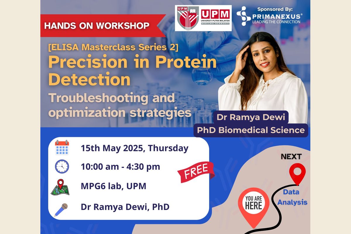 Poster for ELISA Masterclass Series 2, Precision in Protein Detection, a free hands-on workshop at UPM on 15 May 2025, sponsored by Prima Nexus
