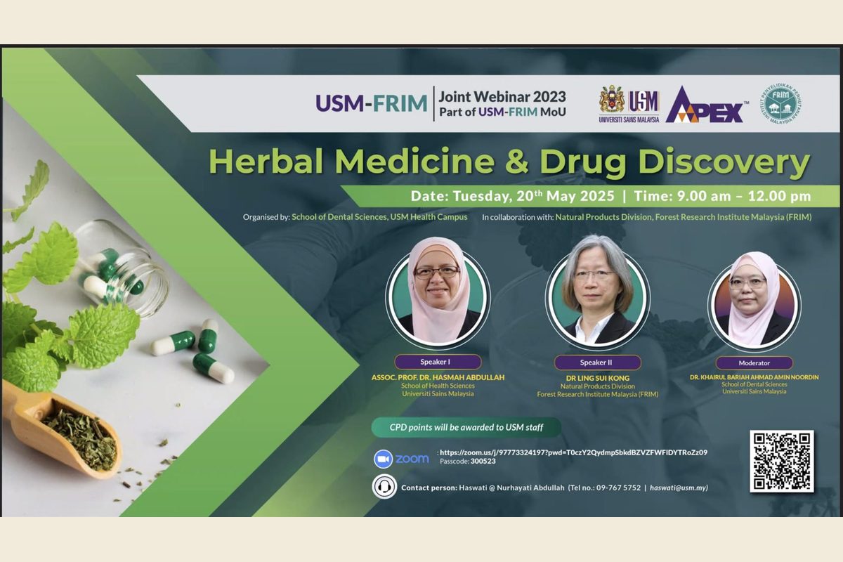 Poster for the USM-FRIM joint webinar on herbal medicine and drug discovery, with portraits of the two speakers and the moderator