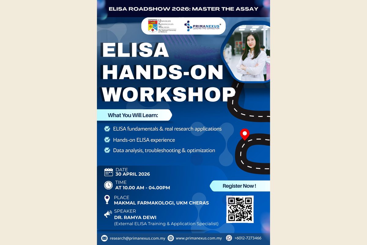 Poster for the Prima Nexus ELISA hands-on workshop at UKM Cheras on 30 April 2026