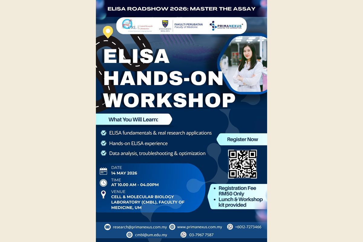 Poster for the Prima Nexus ELISA hands-on workshop at the Faculty of Medicine, Universiti Malaya, on 14 May 2026
