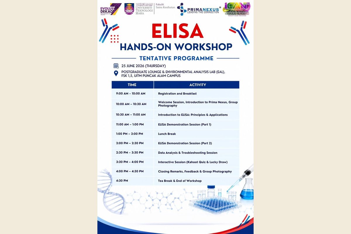 Tentative programme for the ELISA hands-on workshop at the Faculty of Health Sciences, UiTM Puncak Alam, on 25 June 2026
