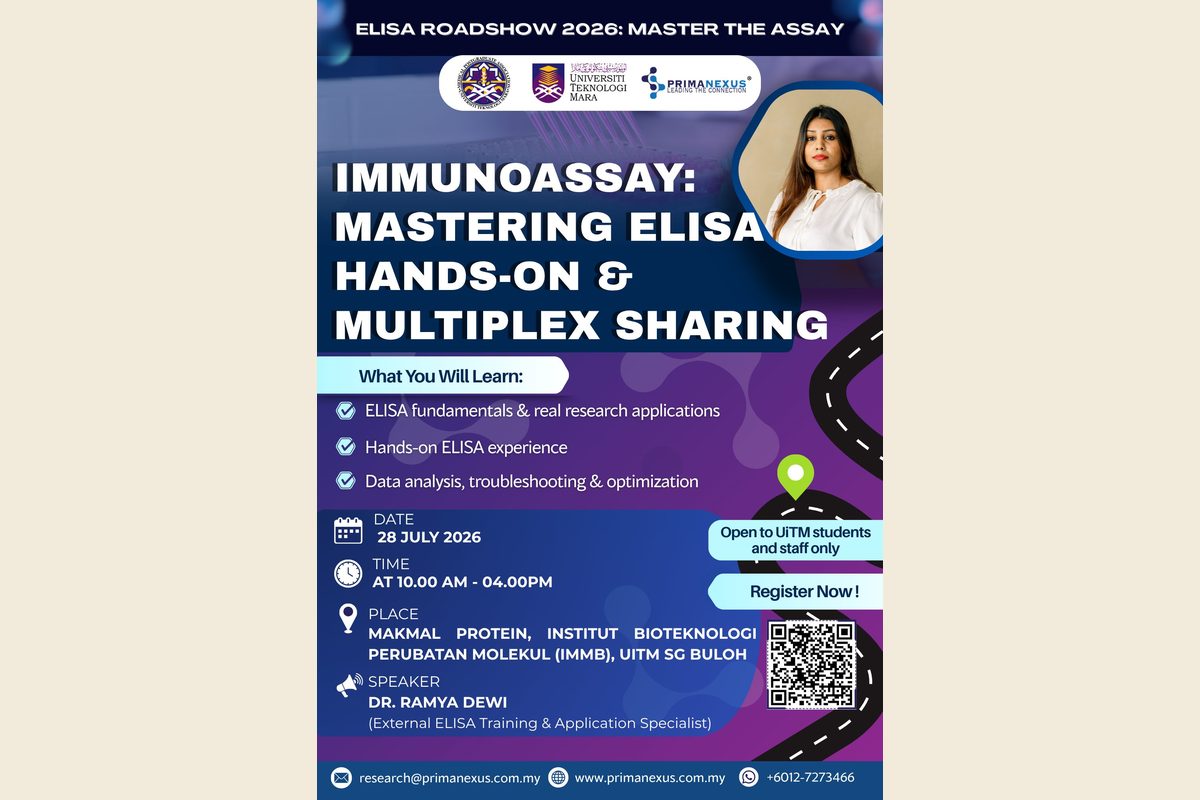 Poster for the workshop Immunoassay: Mastering ELISA Hands-On and Multiplex Sharing at IMMB, UiTM Sungai Buloh, on 28 July 2026