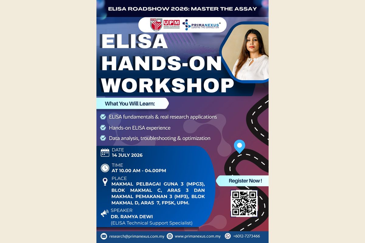 Poster for the Prima Nexus ELISA hands-on workshop at the Faculty of Medicine and Health Sciences, UPM, on 14 July 2026