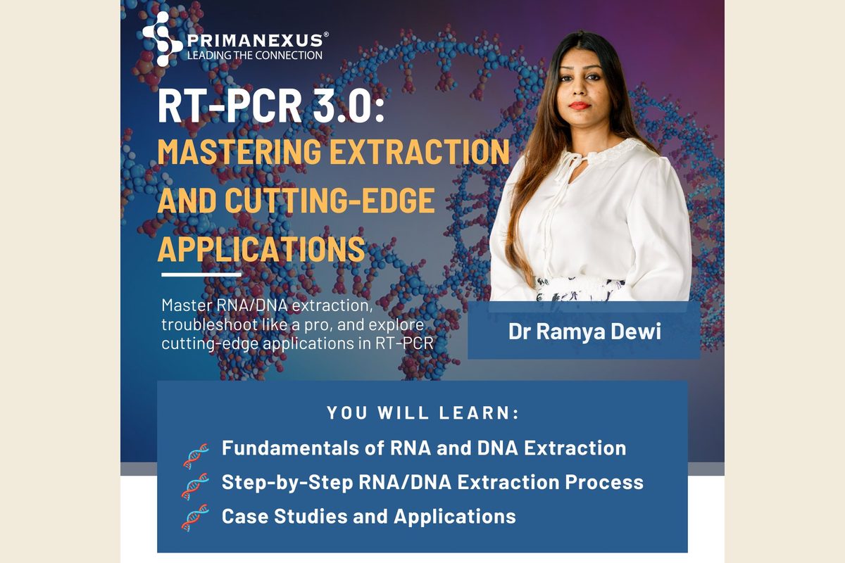 Top of the poster for RT-PCR 3.0: Mastering Extraction and Cutting-Edge Applications, a Prima Nexus webinar, with a portrait of the trainer and the topics covered