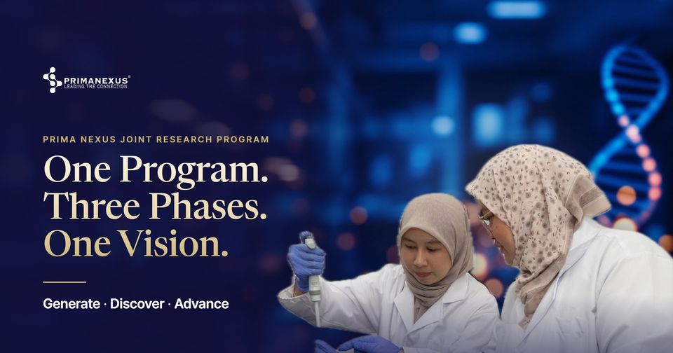 Two Prima Nexus scientists at a lab bench, one holding a pipette, beside the words One Program. Three Phases. One Vision.
