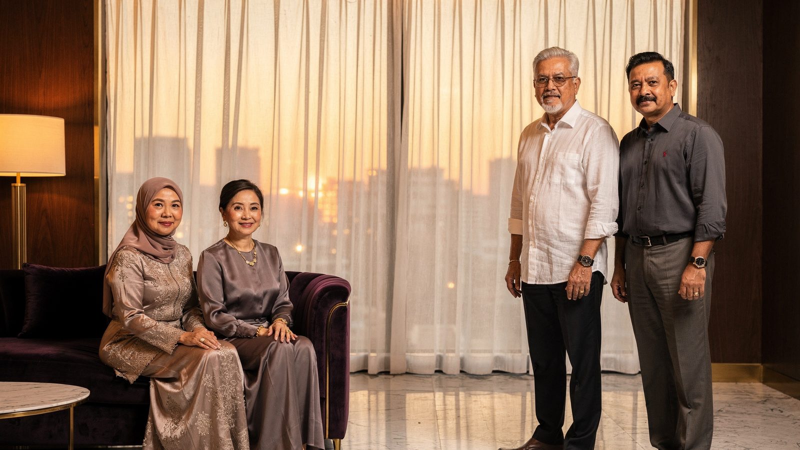 Four clients in a premium health lounge at dusk: two women seated on a sofa and two men standing by the window