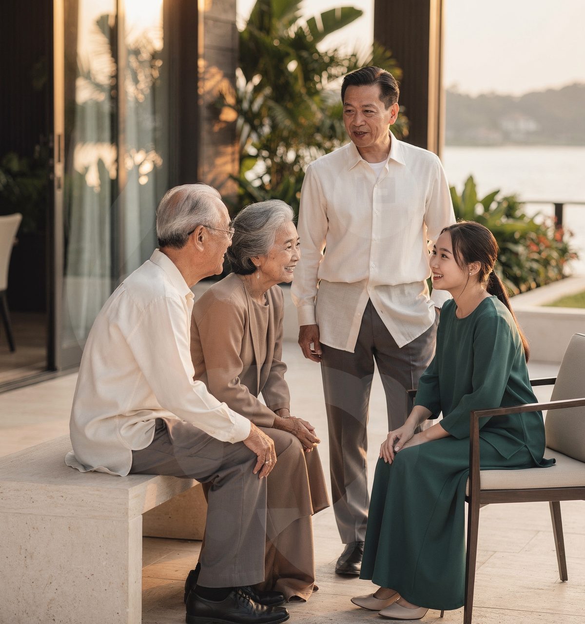 Four generations of a family talking together on a terrace at sunset