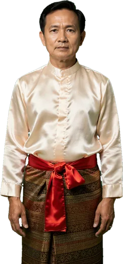 A Lao man in a silk shirt, red sash and patterned sarong