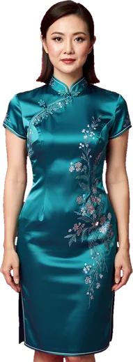 A Chinese woman in a teal cheongsam
